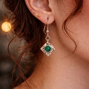 🌿 Sterling Silver & Malachite Earrings – Artisan 1.5” Dangle✨